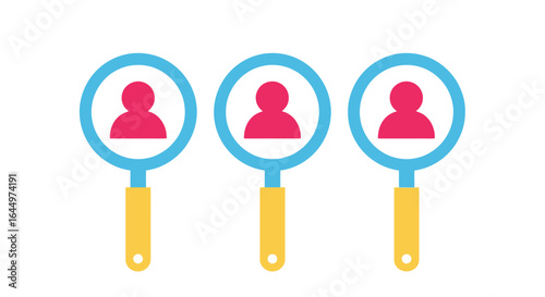 Three magnifying glasses with people in them on white back