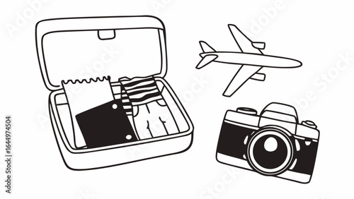 Open suitcase with clothes, airplane and camera for travel in black and white line art illustration style created with generated ai