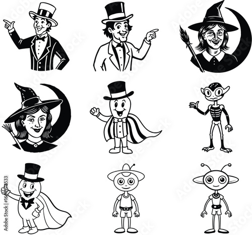 Collection of Illustrated Characters Featuring Magicians Witches and Aliens