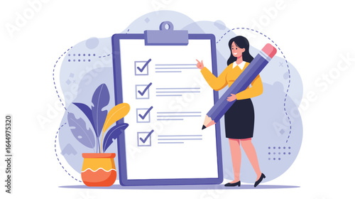 A woman in a yellow blouse and black skirt holds a large pencil, pointing to a checklist on a clipboard with several items checked off.