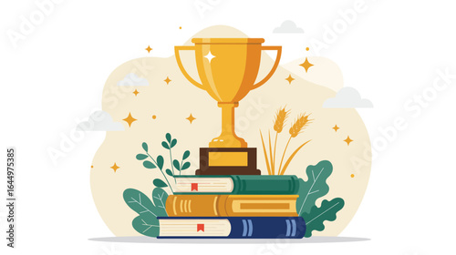 The image shows a golden trophy placed on top of a stack of colorful books, surrounded by green leaves and wheat stalks.