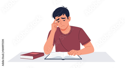 A man sitting at a table with books looking thoughtful