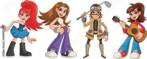 Cartoon girls in stylish outfits and different hobbies, playing guitar, golfing, fashion models, cute female character vector for design projects