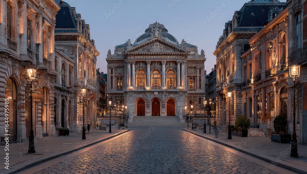 Fototapeta premium Historic European city street at dawn