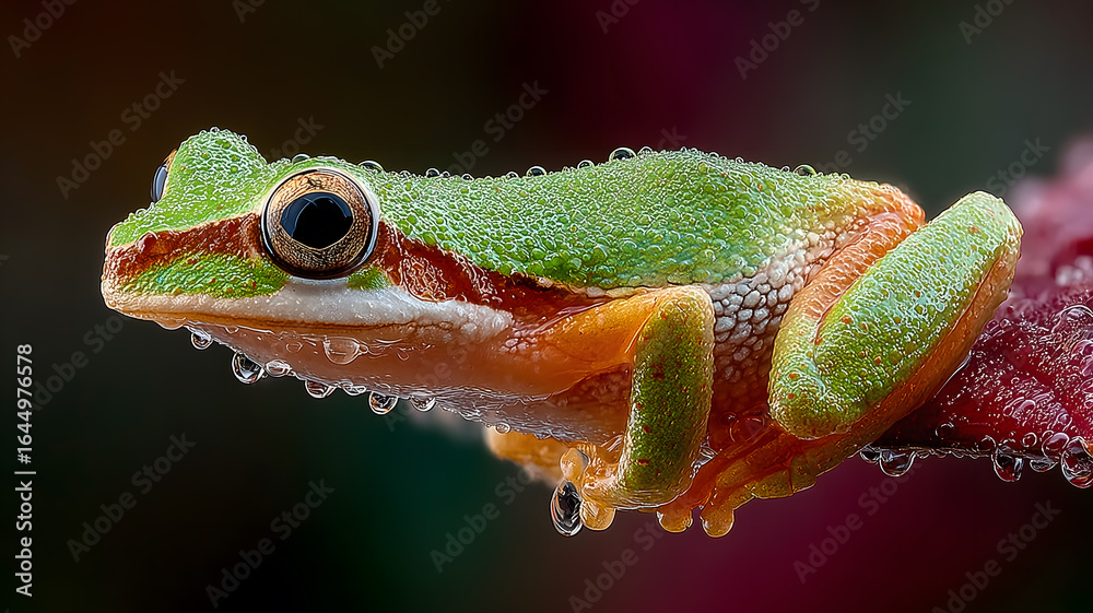 Obraz premium Closeup View Of A Green And Orange Frog Covered In Water Droplets On A Leaf