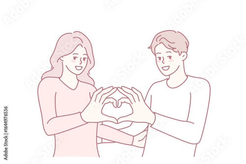 Happy couple hug show heart sign with hands. Smiling man and woman demonstrate love hand gesture enjoy romantic relationships. Romance and affection. Vector illustration.