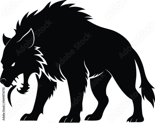 Black Silhouette of a Fierce Beast with Sharp Teeth and Spikes