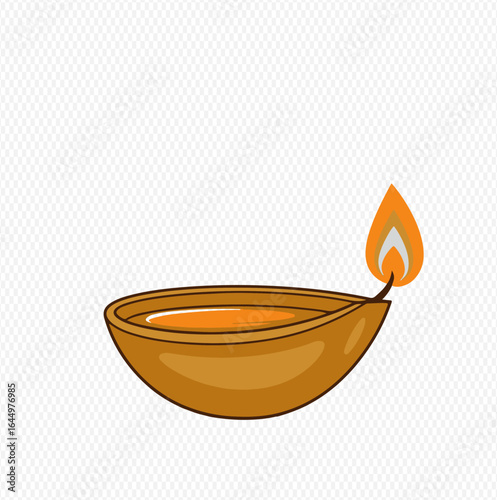A simple illustration of a traditional brown clay Diya oil lamp with a bright, burning flame.