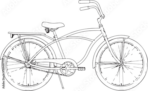 Vintage style bicycle illustration, a classic cruiser bike with curved frame in black and white
