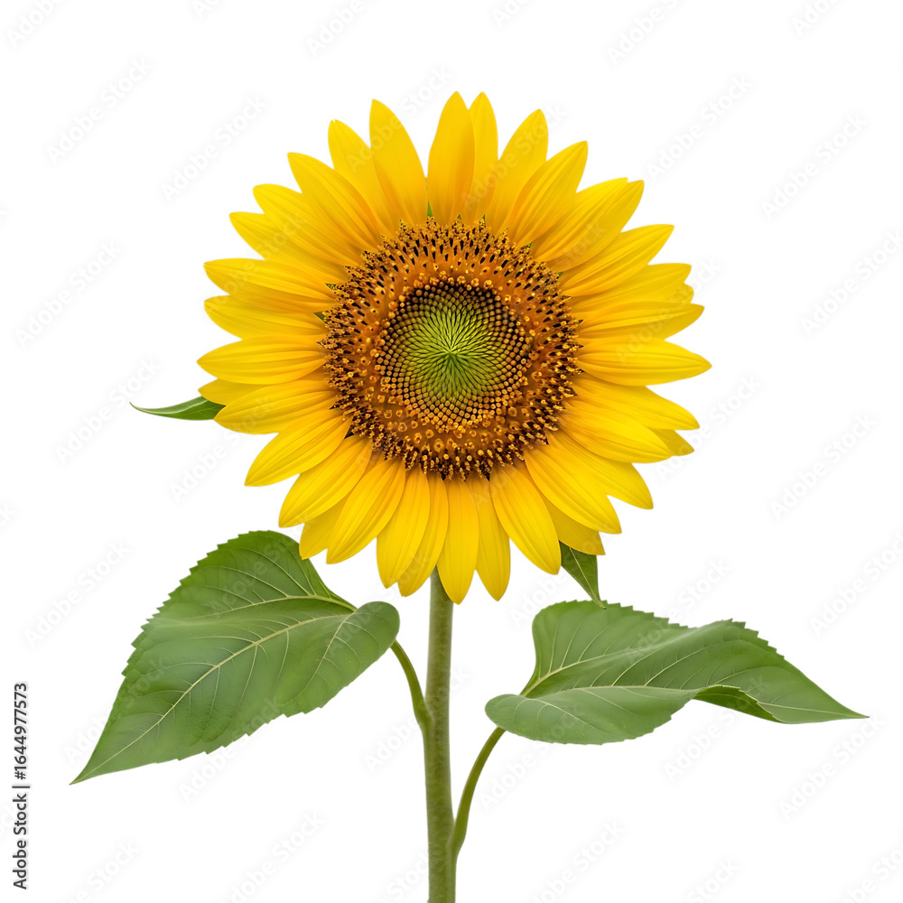 Fototapeta premium Bright yellow sunflower with green leaves isolated on transparent background