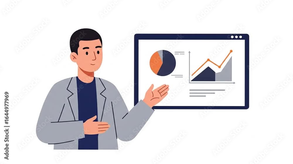 Presenting Financial Data by Young Professional with Charts on Screen Presenting Financial Data by Young Professional with Charts on Screen