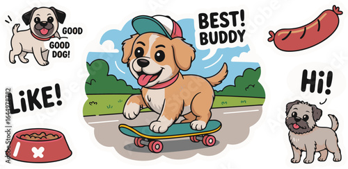 Cute cartoon dog riding a skateboard with friends and accessories