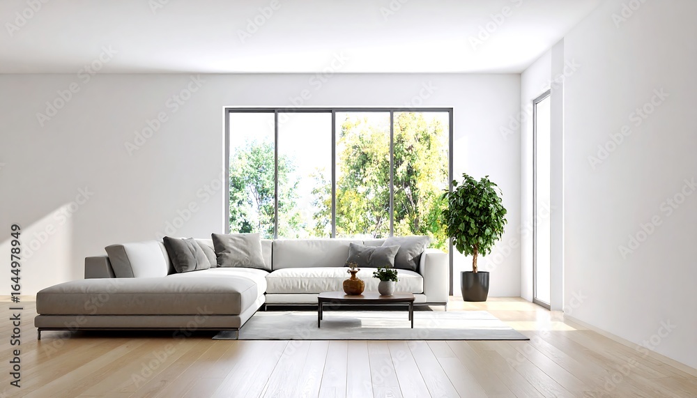 Fototapeta premium Modern minimalist living room with large window, light-colored sectional sofa, and potted plant