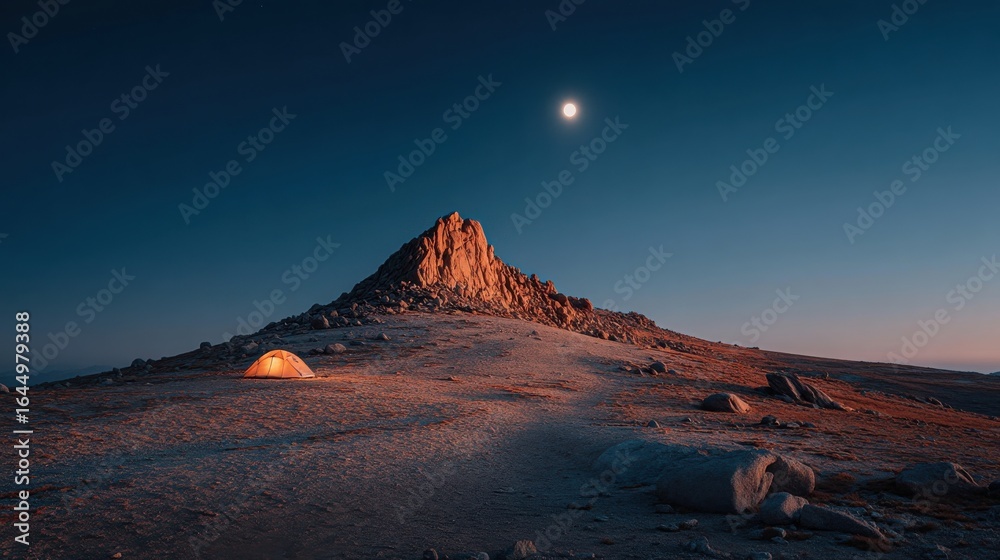 Fototapeta premium Lone tent on barren rocky summit under full moon 