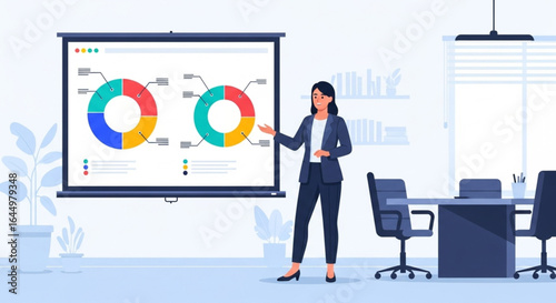Businesswoman presenting financial data via pie charts during a corporate presentation in a modern office.