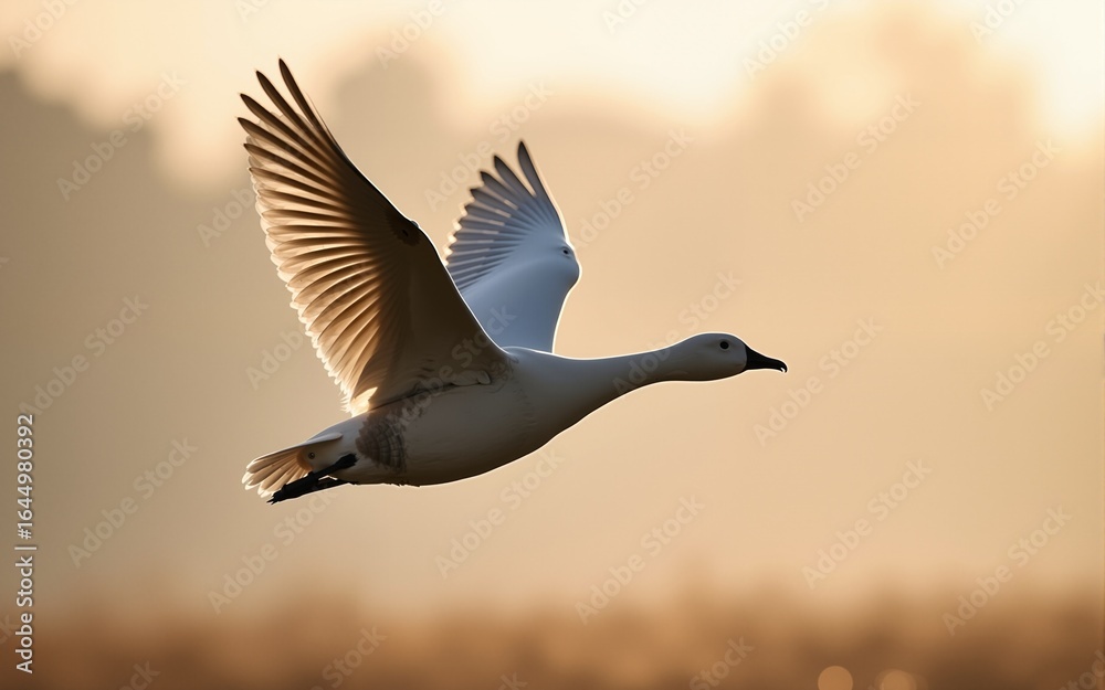 Fototapeta premium Close view of a snow geese flying in beautiful light, seen in the wild in South Oregon. High quality