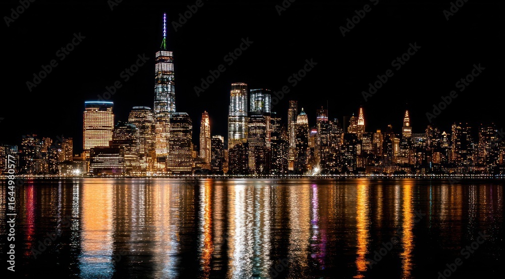 Fototapeta premium Night cityscape skyline reflecting on water