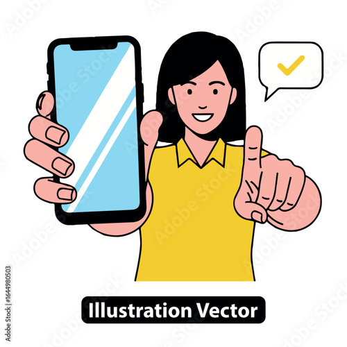 Cheerful Woman Presenting Mobile Phone with Approval Checkmark, Optimistic Gesture