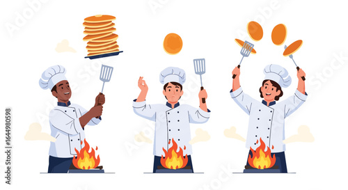 VECTOR illustration of cooks making and tossing pancakes for KOKI DAYS.svg celebrations