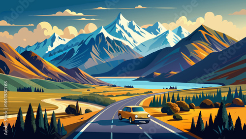 A panoramic road unfurls toward majestic Mt. Cook, its snow-draped summit gleaming under the Southern Alps’ blue embrace, while a lone car journeys past Lake Pukaki’s turquoise brilliance in tranquil 