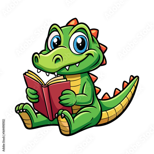 Cute cartoon alligator sitting and reading a book, vector character illustration