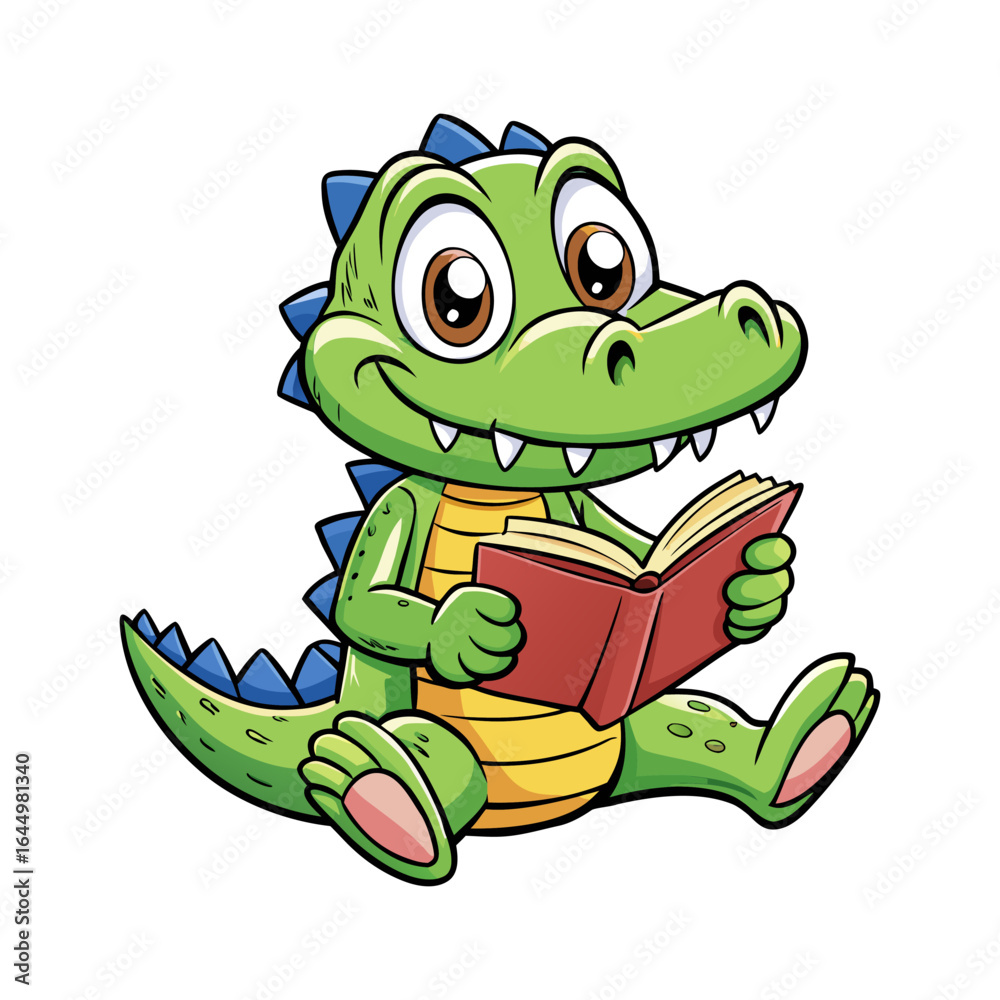 Fototapeta premium Cute cartoon alligator sitting and reading a book, vector character illustration