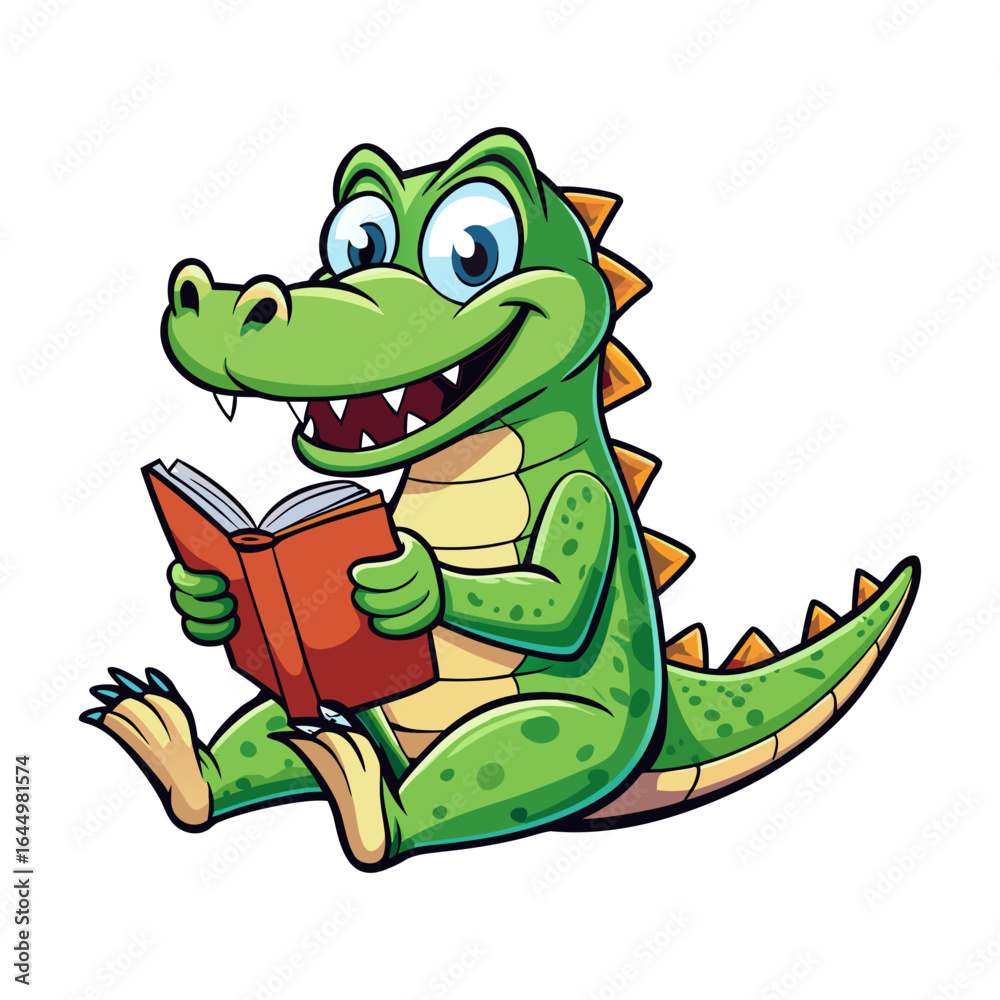 Fototapeta premium Cute cartoon alligator sitting and reading a book, vector character illustration