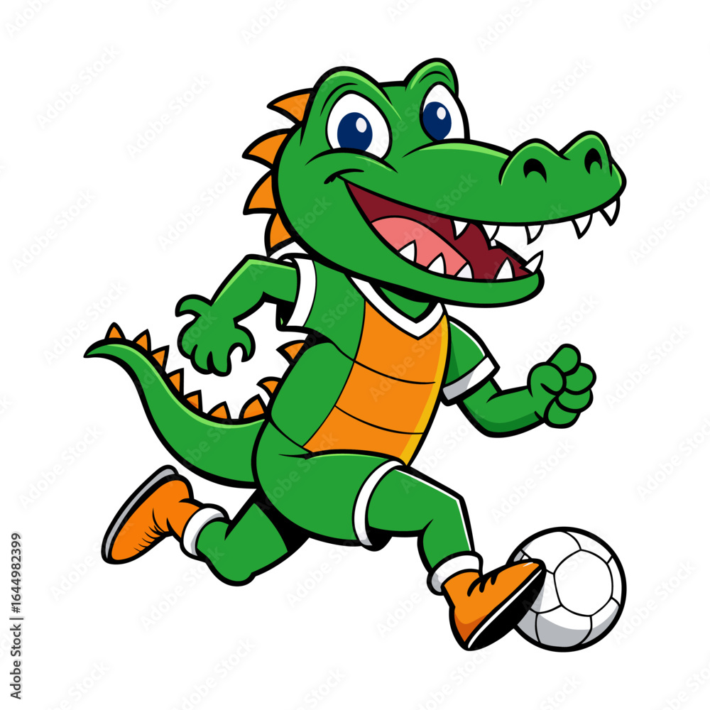 Fototapeta premium Cartoon alligator playing soccer in a striped shirt, vector character illustration
