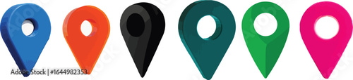 Collection of six colorful 3D map pin icons in a row on a white background location marker GPS pin EPS file vector 