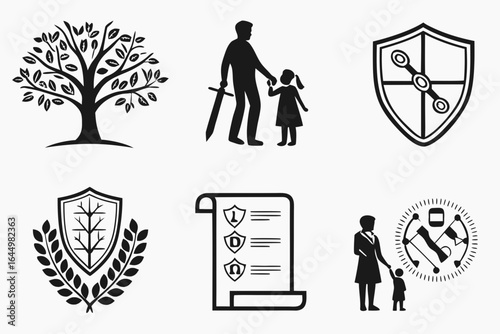 Collection of Diverse Black and White Icons Representing Security Family and Growth.