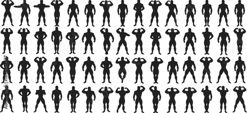 Collection of male bodybuilding silhouettes in various poses, strong muscular fitness models, black vector shapes isolated on white background, gym and strength concept