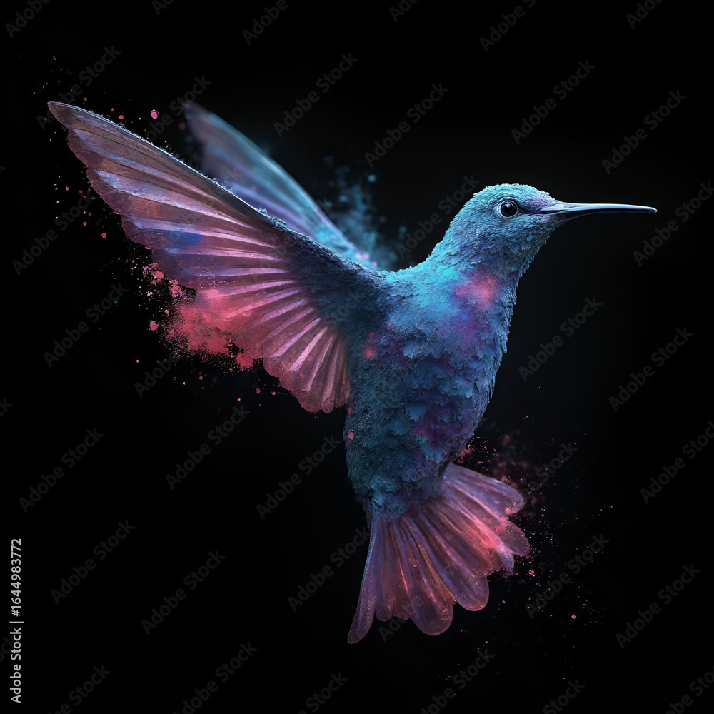 Obraz premium Vibrant Hummingbird in Flight with Colorful Powder Burst