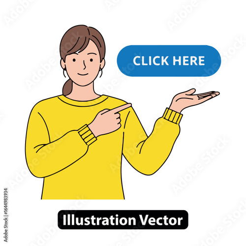 Smiling woman illustration pointing finger to a blank space for important text or an action button.