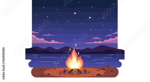 Campfire by the lake under the stars at night vector graphic