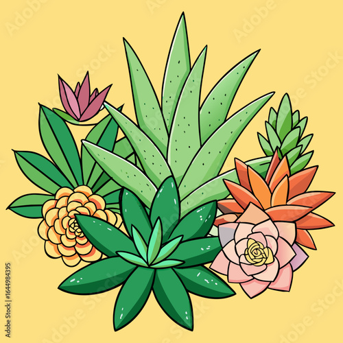 A vibrant illustration of various colorful succulents and desert plants arranged in a pleasing composition against a soft yellow background