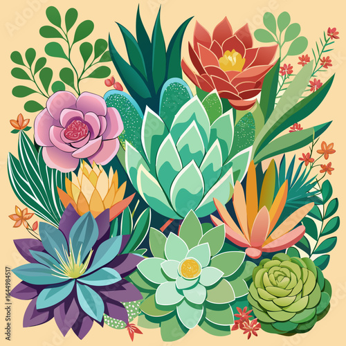 Vibrant illustration of a lush bouquet of diverse succulents and leafy plants in various colors