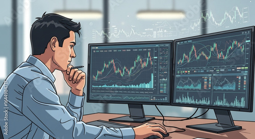 Focused businessman analyzes financial data displayed on dual monitors, contemplating market trends and investment strategies.