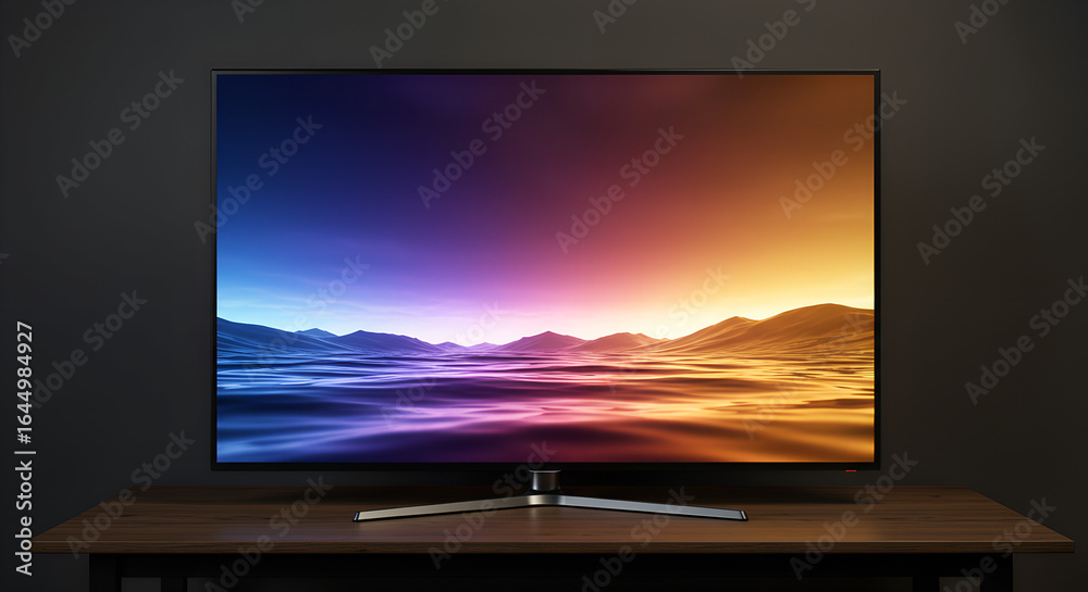 Fototapeta premium Stylish LED TV mockup on table with vibrant screen display, cozy inviting ambiance, natural side light, modern home decor, clean and minimal style