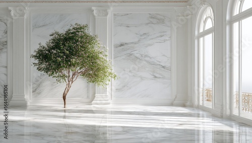 A flowering tree stands in a sunlit, grand white marble room with arched windows and classical columns, offering a contrast of nature and opulence