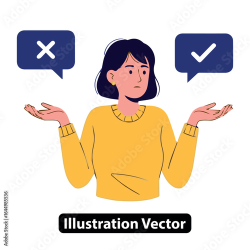 Illustration of a confused woman shrugging, facing a dilemma of right or wrong.