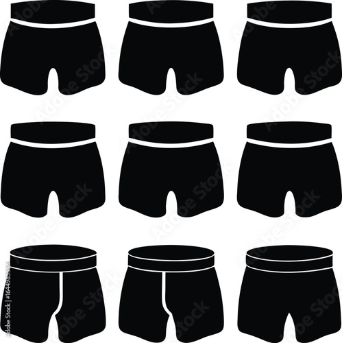 Black Boxer Shorts Silhouettes: Underwear Styles, Vector Set, Flat Design
