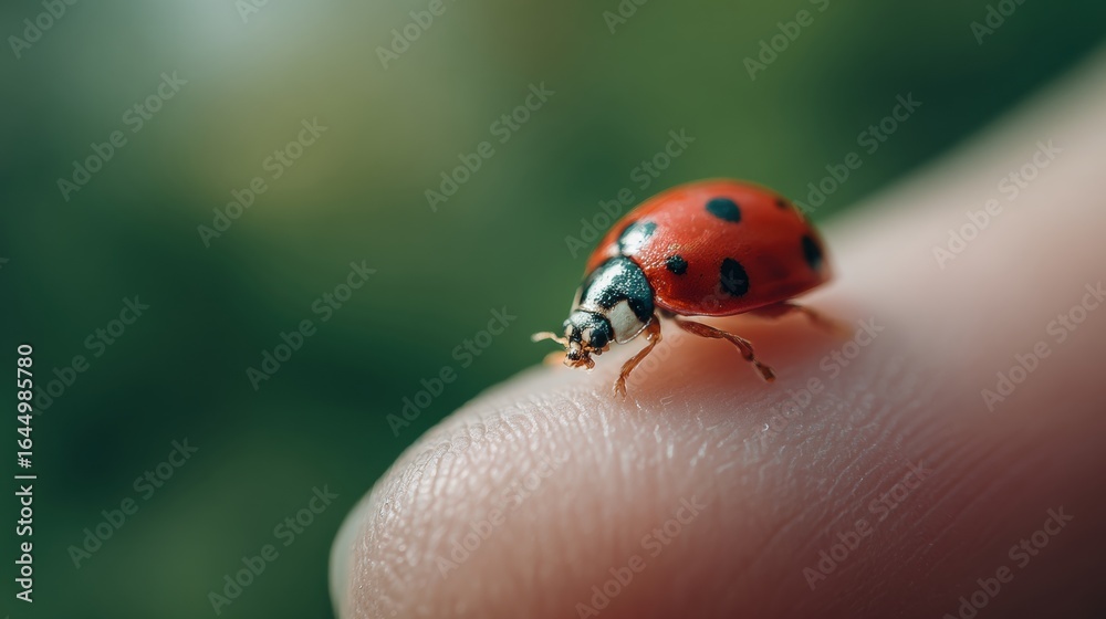 Fototapeta premium Ladybug on Finger: A vibrant red ladybug, with its iconic black spots, delicately perches on a human finger, showcasing nature's beauty in miniature and inviting a sense of wonder.