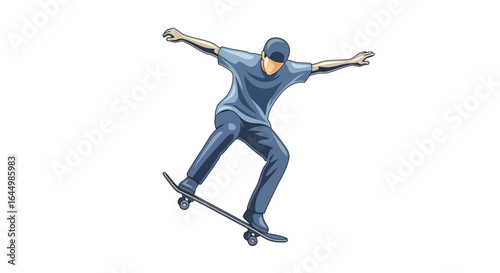 Illustration of skateboarder performing trick on skateboard art