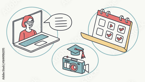 Online education video course webinar learning schedule calendar camera graduation study resources concept