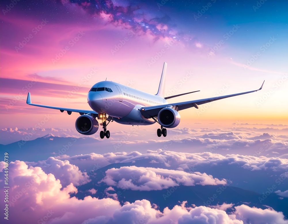 Obraz premium Airplane landing at sunset above clouds