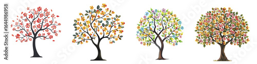 Different decorative trees in various seasons, spring, summer, autumn, winter