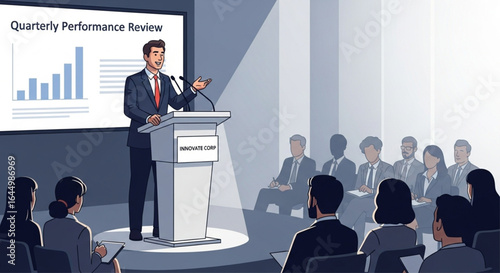 Businessman delivers quarterly performance review presentation to attentive audience.