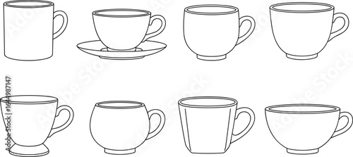 Black and white coffee and tea cup icons, vector illustration of drinkware, kitchenware silhouettes, beverage mugs and teacups, isolated design set