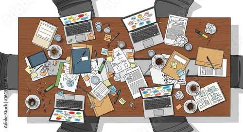 An overhead illustration of a cluttered conference table with laptops, papers, and coffee cups, suggesting a busy meeting.