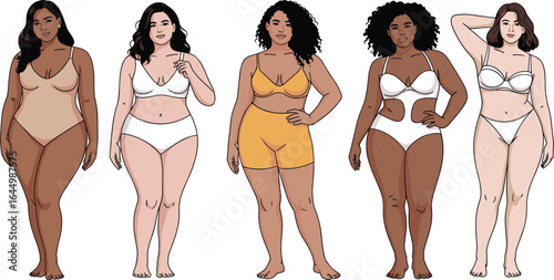 Diverse women in underwear, plus-size and curvy body types, inclusive female fashion, body positivity, self-love vector illustration, flat cartoon style